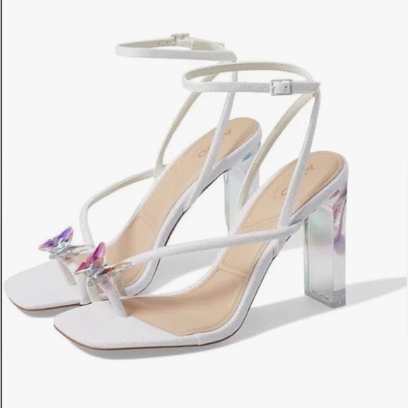 Aldo Pepela silver shimmery butterfly toe lucite heel Ankle Strap Sandals sz 11 - Picture 1 of 10